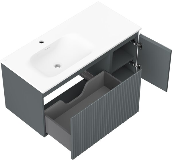 Mexen Rivel, mobilier baie 100 cm cu lavoar Vela stânga, 1S, 1D, canelat, grafit mat/alb mat, 91A23-10047-3-BBFF66-W23L01