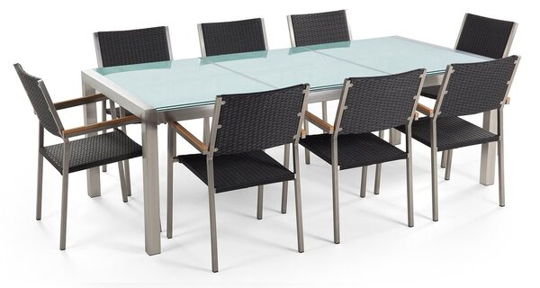 Set de masă pentru grădină Grosso (negru) (blat din sticlă 210x100 cm) (scaune din ratan). 1011751
