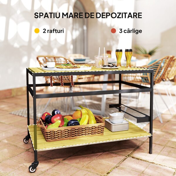 Outsunny Cărucior cu Roți din Lemn cu 2 Rafturi, 3 Cârlige, Blat cu Lamele și Mâner 107x65x80 cm Natural | Aosom Romania