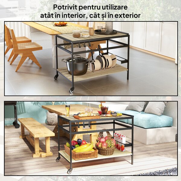 Outsunny Cărucior cu Roți din Lemn cu 2 Rafturi, 3 Cârlige, Blat cu Lamele și Mâner 107x65x80 cm Natural | Aosom Romania