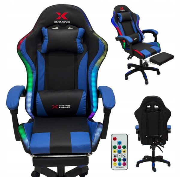 Scaun de gaming Xgaming LED cu suport pentru picioare - negru și albastru