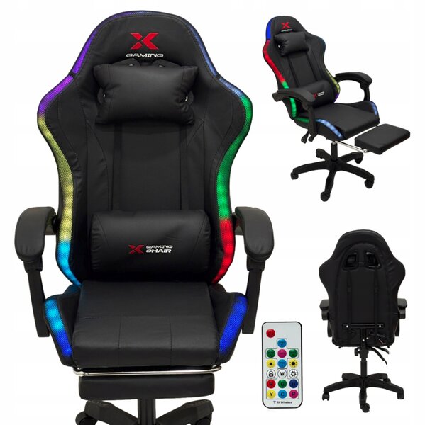 Scaun de gaming Xgaming LED cu suport pentru picioare - negru