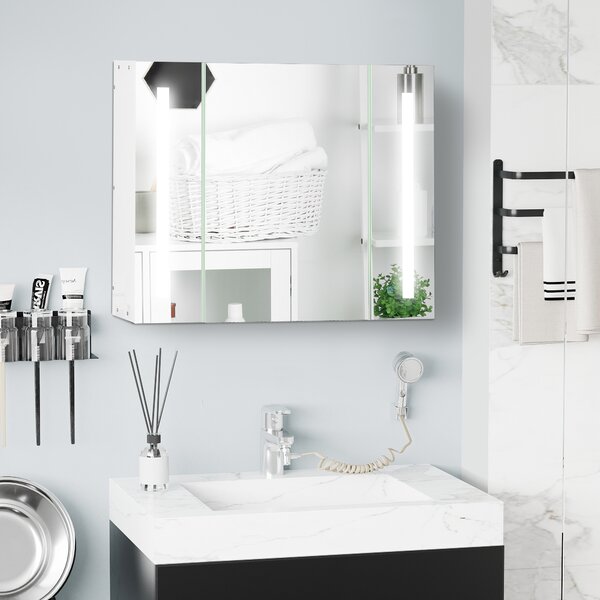 Kleankin Dulap de Baie LED cu Oglindă, 3 Uși și Rafturi Reglabile, Organizator de Depozitare Reglabil, 90x15x65 cm, Alb | Aosom Romania
