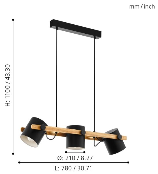 Eglo 43517 - Lustră suspendată pe cablu HORNWOOD 3xE27/60W/230V