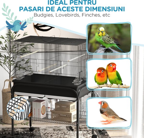 PawHut Colivie pentru Păsări de Interior cu Tăviță, Raft și Roți, Volieră din Oțel pentru Perusi, Canari, Nimfe și Papagali, Negru, 85 x 49 x 119 cm | Aosom Romania