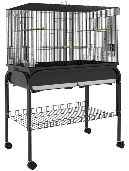 PawHut Colivie pentru Păsări de Interior cu Tăviță, Raft și Roți, Volieră din Oțel pentru Perusi, Canari, Nimfe și Papagali, Negru, 85 x 49 x 119 cm | Aosom Romania