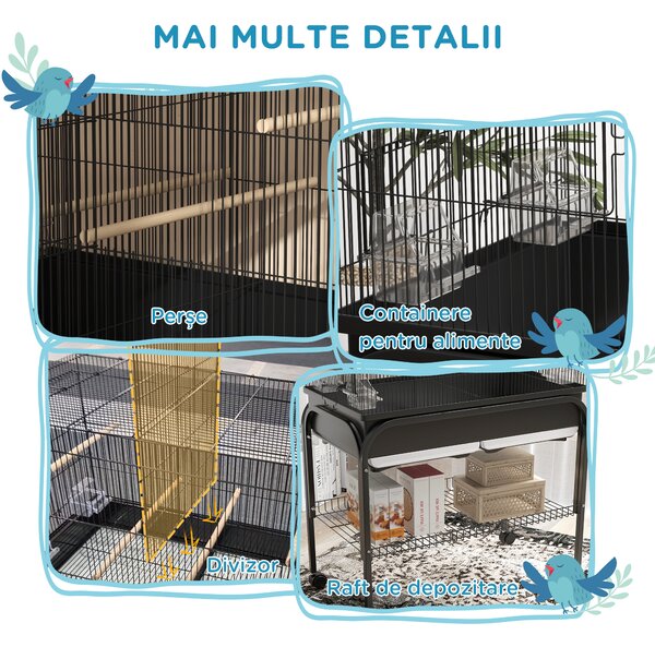 PawHut Colivie pentru Păsări de Interior cu Tăviță, Raft și Roți, Volieră din Oțel pentru Perusi, Canari, Nimfe și Papagali, Negru, 85 x 49 x 119 cm | Aosom Romania