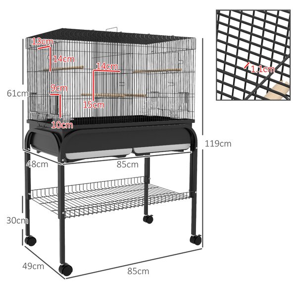 PawHut Colivie pentru Păsări de Interior cu Tăviță, Raft și Roți, Volieră din Oțel pentru Perusi, Canari, Nimfe și Papagali, Negru, 85 x 49 x 119 cm | Aosom Romania