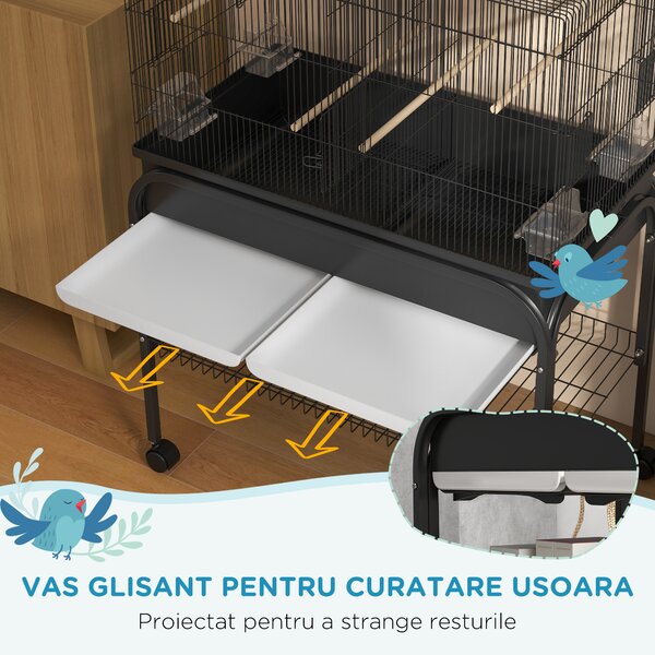 PawHut Colivie pentru Păsări de Interior cu Tăviță, Raft și Roți, Volieră din Oțel pentru Perusi, Canari, Nimfe și Papagali, Negru, 85 x 49 x 119 cm | Aosom Romania