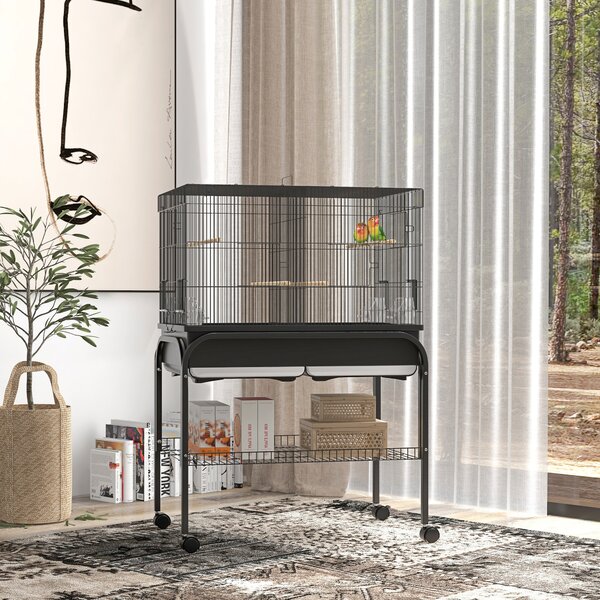 PawHut Colivie pentru Păsări de Interior cu Tăviță, Raft și Roți, Volieră din Oțel pentru Perusi, Canari, Nimfe și Papagali, Negru, 85 x 49 x 119 cm | Aosom Romania