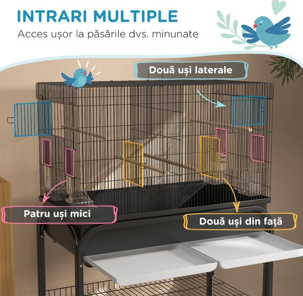 PawHut Colivie pentru Păsări de Interior cu Tăviță, Raft și Roți, Volieră din Oțel pentru Perusi, Canari, Nimfe și Papagali, Negru, 85 x 49 x 119 cm | Aosom Romania