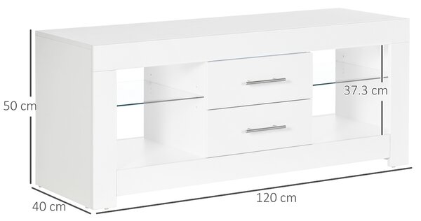 HOMCOM Comodă TV Modernă 55" cu LED RGB (12 Culori), Telecomandă Inclusă, Lemn cu Etajere din Sticlă, Dimensiune 120x40x50cm, Alb | Aosom Romania