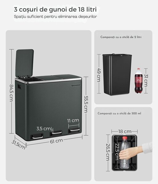 Coș de reciclare SORT 54 l (3×18 l), antracit/argintiu SongmicsHome