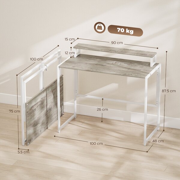 HOMCOM Masă Pliabilă Economisitoare de Spațiu cu Suport Detasabil pentru Monitor, 100x48x87,5 cm, Masă Portabilă pentru Birou, Casă și Studio, Culoare Lemn | Aosom Romania