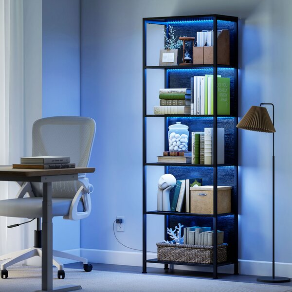 HOMCOM Bibliotecă cu 5 Rafturi, Verticală cu Iluminare LED în 7 Culori, Economisire Spațiu pentru Living, Dormitor și Birou, 60x30x179 cm, Negru | Aosom Romania