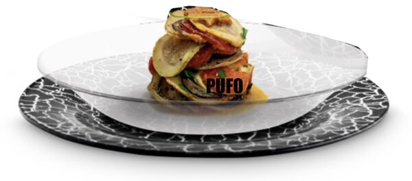 Set 6 farfurii elegante din sticla Pufo Ellegant Black pentru servire aperitiv, desert, 28 cm, negru