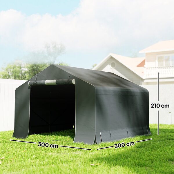 Outsunny Garaj Moto Exterior 3x3 m, Impermeabil, cu Ușă și Guri de Aerisire Rulabile, pentru Biciclete și Unelte, Gri Închis | Aosom Romania