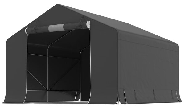 Outsunny Garaj Moto Exterior 3x3 m, Impermeabil, cu Ușă și Guri de Aerisire Rulabile, pentru Biciclete și Unelte, Gri Închis | Aosom Romania