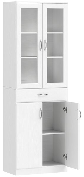 HOMCOM Dulap de Bucătărie Înalt 180 cm cu Uși din Sticlă Soft-Close, Sertar și 2 Dulapuri, Polițe Reglabile, Alb | Aosom Romania