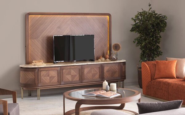 Set lemn masiv nuc Living Emma - Marmură Naturală, 245 × 56 × 173 cm - Lemn