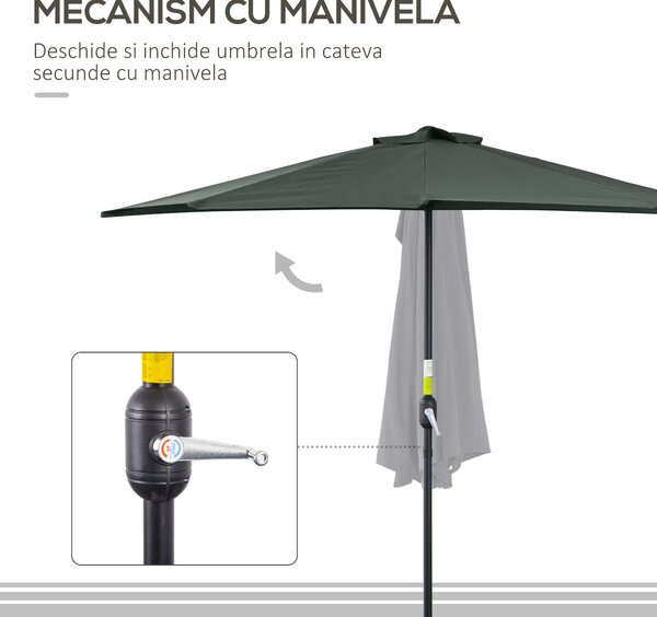 Outsunny Umbrelă Semicirculară Perete Grădină Deschidere Manivela Poliester Gri 269x138x236cm | Aosom Romania