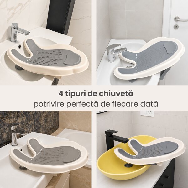 Suport baie bebe Kidizi EasyRinse 2 in 1 Grey – pentru spalarea bebelusului in chiuveta dupa schimbarea scutecului sau in cadita