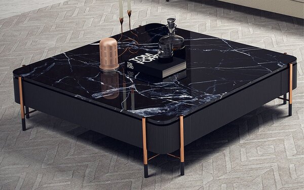 Masă lemn masiv Cafea Calista Negru-Rose Gold L 120 x A 120 x H 35 cm - Sticla