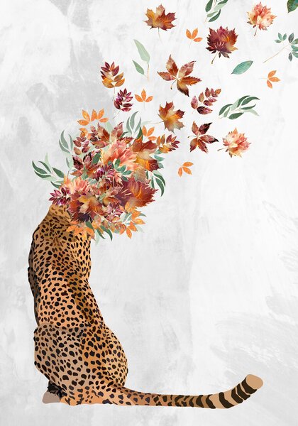 Ilustrare Cheetah Autumn Leaves Head, Sarah Manovski, (26.7 x 40 cm)