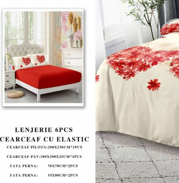 Lenjerie cu Elastic 180x200 cm, Flower Heart Rosu 6 Piese (Finet)