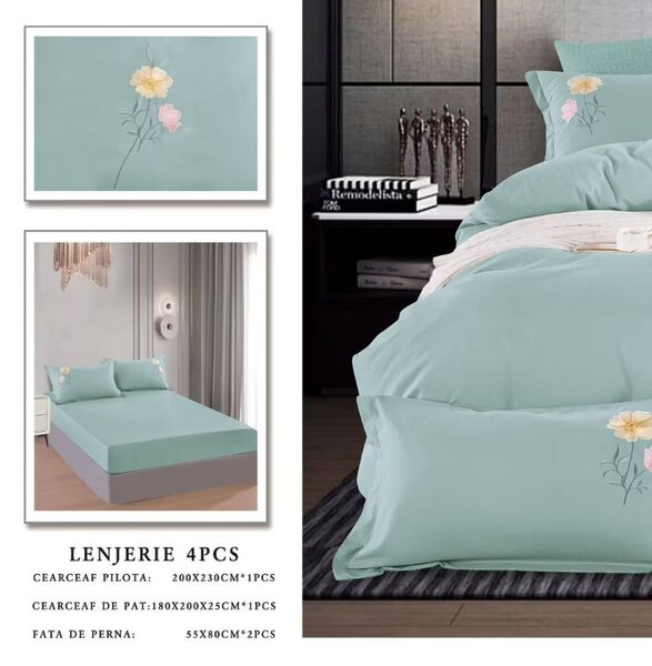 Lenjerie cu Elastic 180x200 cm, cu broderie, Sandro V1 Mint (Finet)