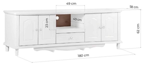 Cabinet TV lemn masiv alb Elizabeth, 180 × 58 × 62 cm