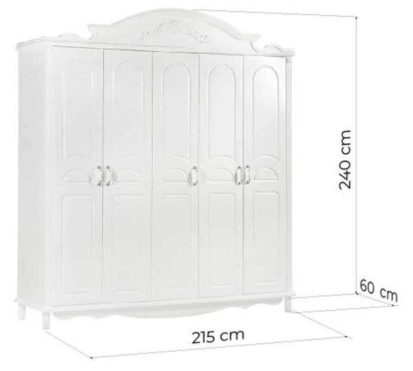 Dulap lemn masiv alb 5 Uși Elizabeth, 215 × 60 × 240 cm
