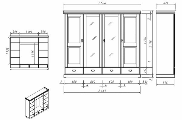 Dulap lemn masiv alb Florence, 253 × 62 × 218 cm