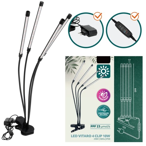 Lampă LED reglabilă cu clemă pentru plante VITARO 4xLED/10W/230V negru