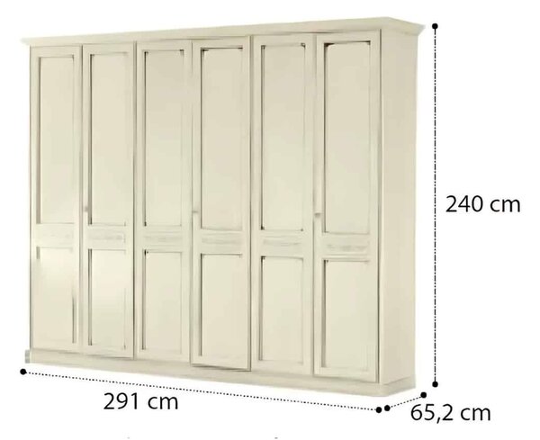 Dulap lemn masiv crem 6 Uși Bologna Patinat, 291 × 65 × 240 cm - Fara oglinzi