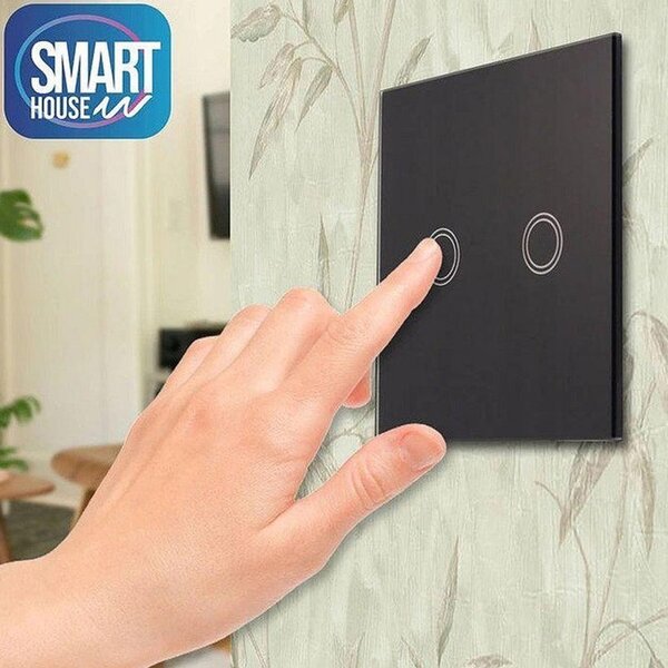 Intrerupator Smart dublu, panou butoane tactile iluminate, sticla securizata, negru