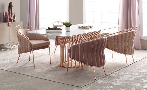 Masă lemn masiv Dining Anette Cadru metalic Rose-Gold, 100 × 240 × 75 cm - Lemn
