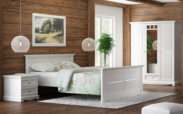 Pat lemn masiv alb Linea cu Sertar - 90x200, Fara