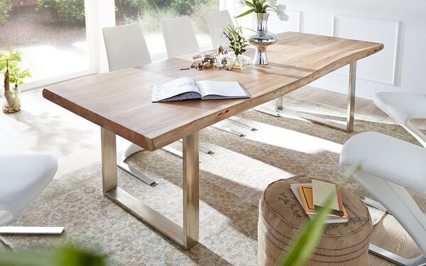 Masă lemn masiv Dining Morris Stejar Picioare Oțel Inoxidabil - 140x80