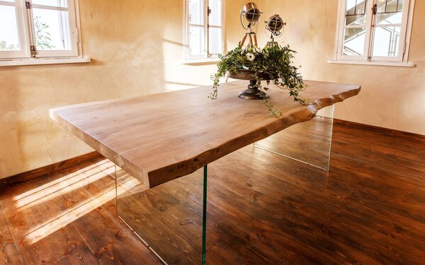 Masă lemn masiv Dining Roger Stejar Picioare Sticlă 200/220/240/, 260 × 100 × 78 cm - 140x80