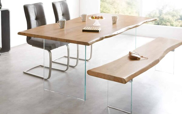 Masă lemn masiv Dining Roger Stejar Picioare Sticlă 200/220/240/, 260 × 100 × 78 cm - 140x80