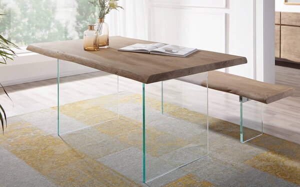 Masă lemn masiv Dining Roger Stejar Picioare Sticlă 200/220/240/, 260 × 100 × 78 cm - 140x80