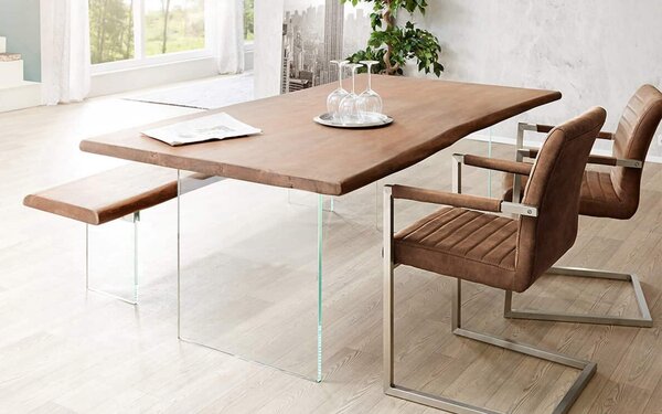 Masă lemn masiv Dining Roger Stejar Picioare Sticlă 200/220/240/, 260 × 100 × 78 cm - 140x80