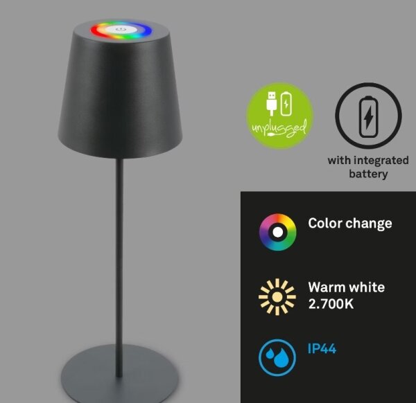 Briloner 7507015 - Lampă de masă LED reîncărcabilă RGBW cu dimmer, LED 2,5 W/5 V, IP44, antracit