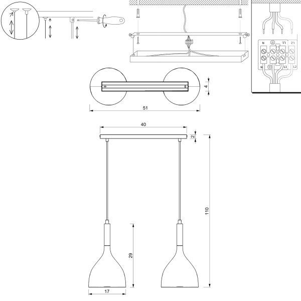 Lustră pe cablu NOAK 2xE27/15W/230V bej/auriu