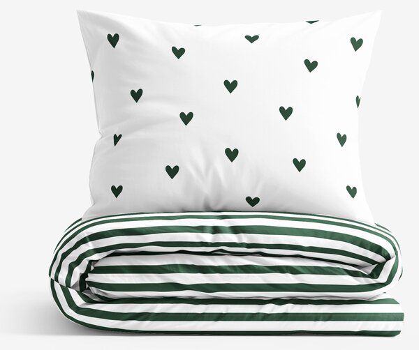 Goldea lenjerie de pat de crăciun 100% bumbac - inimioare verde închis pe alb cu dungi 140 x 200 și 50 x 70 cm