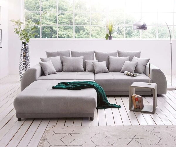 Canapea extensibilă dumonde cu 2 lăzi de depozitare si sezut confortabil din spuma high-density, Verona Enjoy Grey 310x120 cm cu taburet inclus
