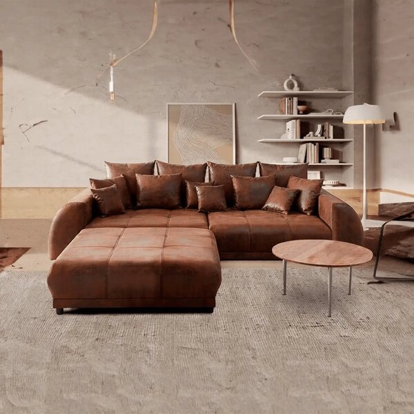 Canapea extensibilă dumonde cu 2 lăzi de depozitare si sezut confortabil din spuma high-density, Verona Madagaskar Brown 310x120 cm cu taburet inclus