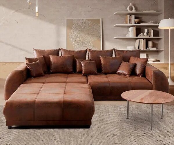 Canapea extensibilă dumonde cu 2 lăzi de depozitare si sezut confortabil din spuma high-density, Verona Madagaskar Brown 310x120 cm cu taburet inclus