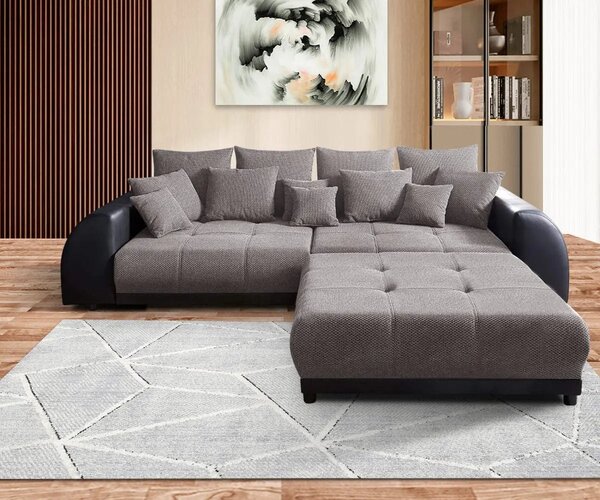 Canapea extensibilă dumonde cu 2 lăzi de depozitare si sezut confortabil din spuma high-density, Verona Magma Black 310x120 cm cu taburet inclus